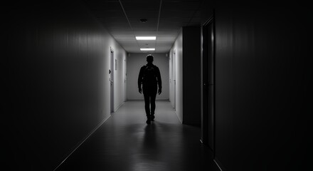 Obraz premium Person Walking Down a Dark Hallway in Black and White