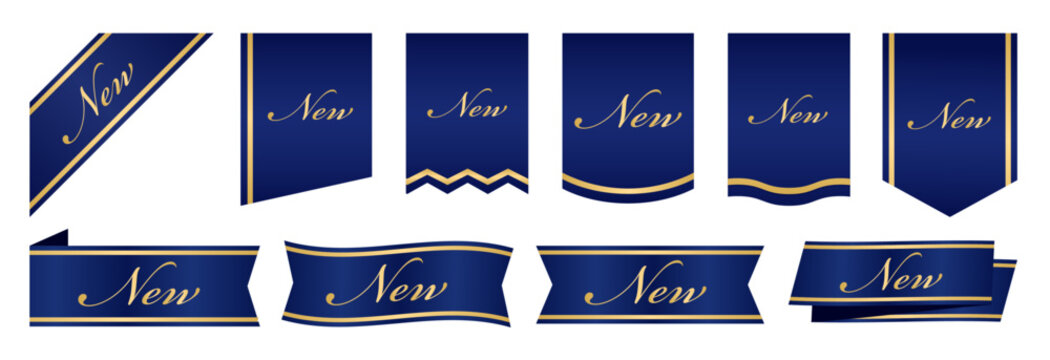 新商品をアピールするための「新」「new」バナー・LP素材(ベクター 編集可能 リボン メダル デザイン フレーム タグ 紺)	