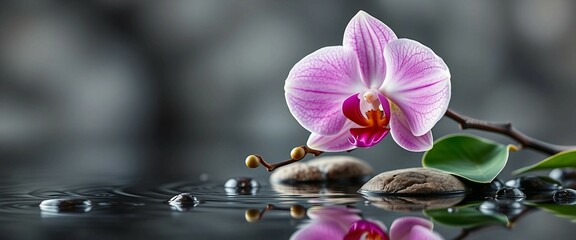 rosafarbene Orchideenbl&uuml;ten mit realistischen Details spiegeln sich im Wasser &ndash; perfektes Motiv f&uuml;r Spa und Entspannung.