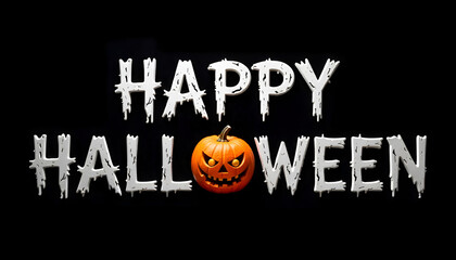 "Happy Halloween" written in white font on a black background, with the letter "O" replaced by a scary pumpkin for a spooky, bold look.