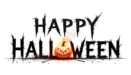 "Happy Halloween" written in bold black font on a white background, with the letter "O" replaced by a flaming pumpkin.