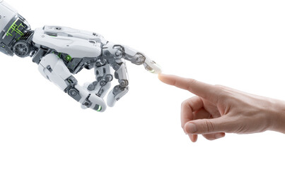 A futuristic robotic hand reaching out to touch a human finger. symbolizing the connection between technology and humanity. set against a clean white background. ideal for discussions on AI and robo