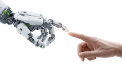 A futuristic robotic hand reaching out to touch a human finger. symbolizing the connection between technology and humanity. set against a clean white background. ideal for discussions on AI and robo