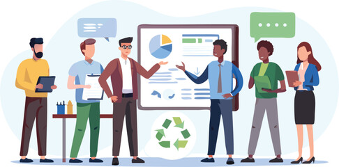 Group of people in a business meeting discussing charts and graphs on a presentation board in an office