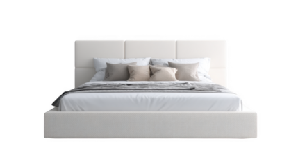 A contemporary. minimalist bedroom featuring a stylish white bed with plush pillows and a soft throw blanket. set against a clean. bright background. perfect for home decor inspiration