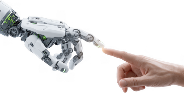 A futuristic robotic hand reaching out to touch a human finger. symbolizing the connection between technology and humanity. set against a clean white background. ideal for discussions on AI and robo
