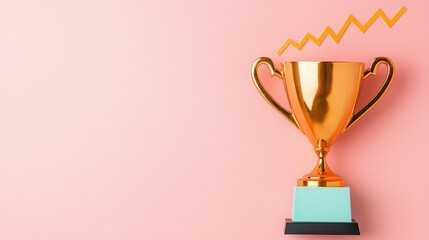 Golden Trophy on Pink Background with Rising Graph Representing Success and Achievement in Competition