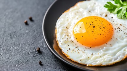 Freshly cooked sunny side up egg on a black plate with seasoning and herbs, perfect for breakfast or brunch recipes