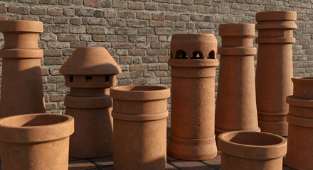 Terracotta Chimney Pots Arranged Against a Brick Wall in Sunlight