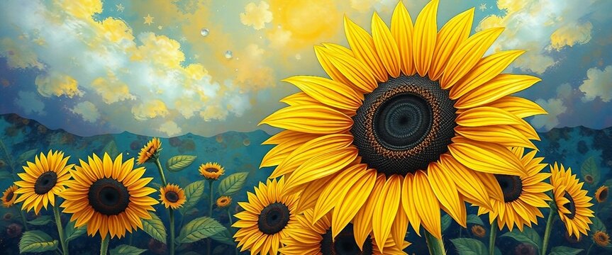 Fantasievolle Illustration mit riesigen Sonnenblumen vor einem farbintensiven Himmel &ndash; vertr&auml;umt, k&uuml;nstlerisch, leuchtend.