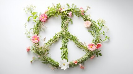 A glowing peace symbol made of intertwined flowers and vines