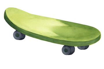 Watercolor illustration of a green skateboard on transparent background. © beyouenked