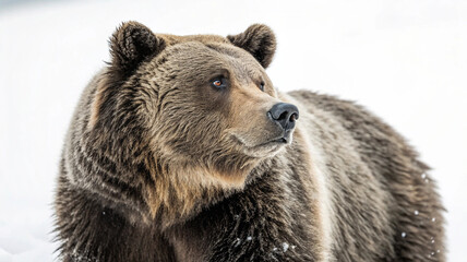 Grizzly bear portrait in snowy winter landscape, looking away, majestic wildlife