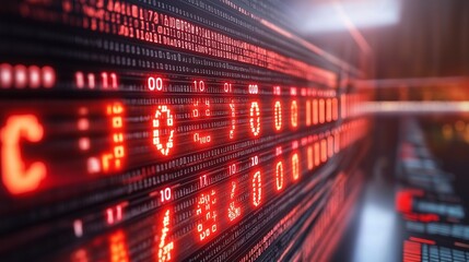 A glowing matrix of binary digits flowing vertically down the screen, with lines of code