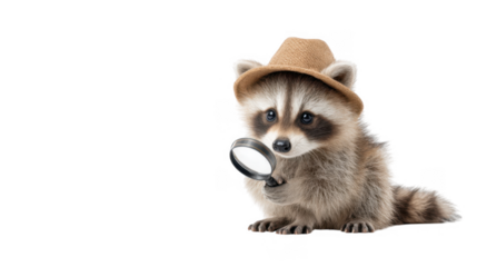 A curious raccoon wearing a stylish hat holds a magnifying glass. showcasing its playful nature in a whimsical setting. perfect for children's books or playful marketing materials