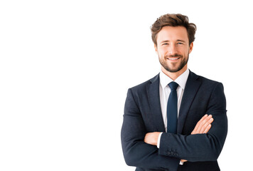 A confident young professional man in a tailored suit and tie. smiling warmly with arms crossed against a clean white background. ideal for corporate or business-related imagery
