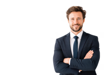 A confident young professional man in a tailored suit and tie. smiling warmly with arms crossed against a clean white background. ideal for corporate or business-related imagery