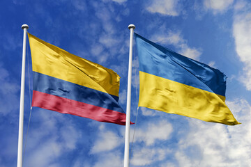 The National Flags of Colombia and Ukraine Waving Together in the Breeze Under a Bright Blue Sky, Symbolizing Diplomatic Relations, Global Solidarity, and International Support.