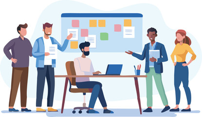 Illustration of a diverse team collaborating in an office setting with a whiteboard and sticky notes