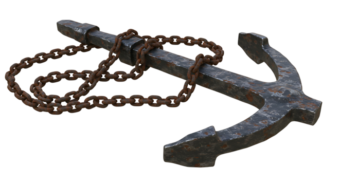 A weathered anchor with a rusty chain on a black background - Powered by Adobe