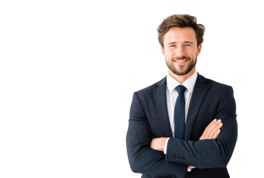 A confident young professional man in a tailored suit and tie. smiling warmly with arms crossed against a clean white background. ideal for corporate or business-related imagery