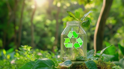 A glowing green recycling symbol, made of sleek metallic arrows, floating in the air above a lush forest