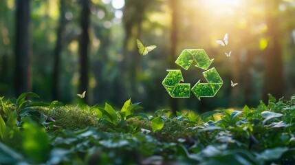 A glowing green recycling symbol, made of sleek metallic arrows, floating in the air above a lush forest