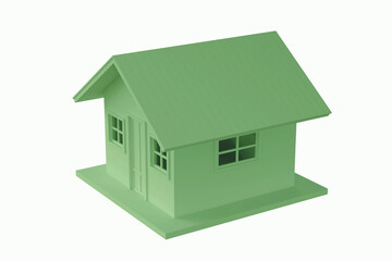 3D green house model on white background with clipping path. Concept of real estate, home ownership, and housing market. Simple 3d house rendering.