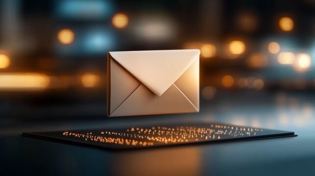 A glowing email symbol floating above a sleek white envelope
