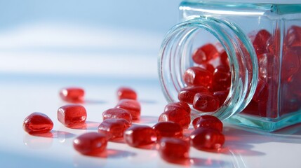 Red soft capsules spilling from jar for supplement pharmaceutical product marketing health wellness visuals concept display