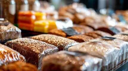 Assorted packaged bread loaves in bakery aisle for grocery product food packaging visuals branding presentation concept