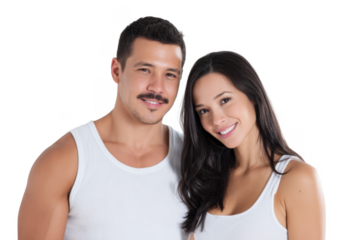 A smiling couple poses together in casual white tank tops against a plain light background. showcasing their joyful expressions and connection. ideal for relationship-themed stock photography