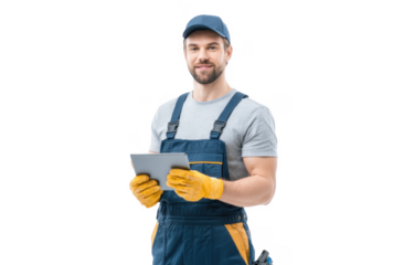 A smiling worker wearing safety gloves and a cap stands confidently holding a tablet. showcasing a modern approach to work. with a clean white background emphasizing professionalism