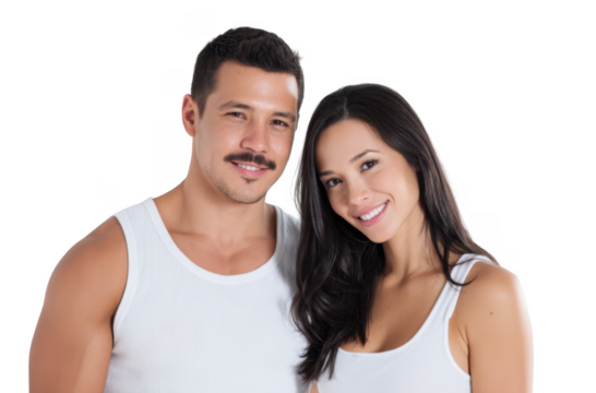 A smiling couple poses together in casual white tank tops against a plain light background. showcasing their joyful expressions and connection. ideal for relationship-themed stock photography
