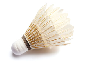 Close up shot of a single shuttlecock with white feathers and a white rubber tip on a white background