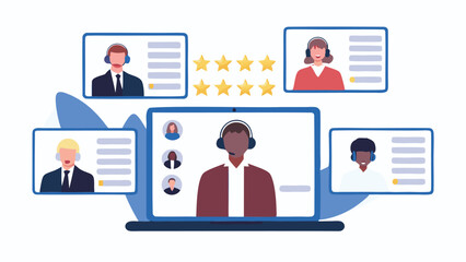 Online meeting with customer service representatives and five star rating on a laptop screen view