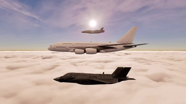 Two unmarked fighter jets escort a commercial airplane as it flies above a sea of rolling clouds.