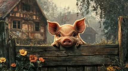A curious piglet peeking over the edge of a wooden trough, with its ears perked up and a backdrop of a cozy farmhouse
