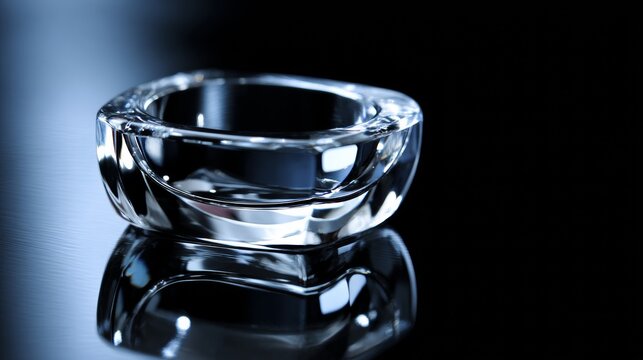 Crystal clear glass bowl on black reflective background for luxury kitchenware branding or product photography visuals