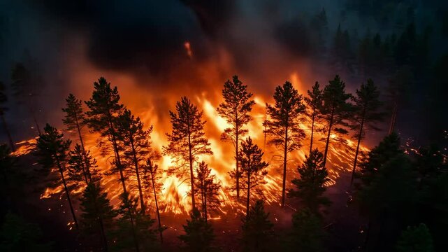 Aerial View of Devastating Forest Fire at Night with Bright Flames Consuming Pine Trees Surrounded by Smoke and Ashes