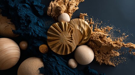 Brown sand and spherical elements arranged artistically with blue texture background for abstract design branding visuals