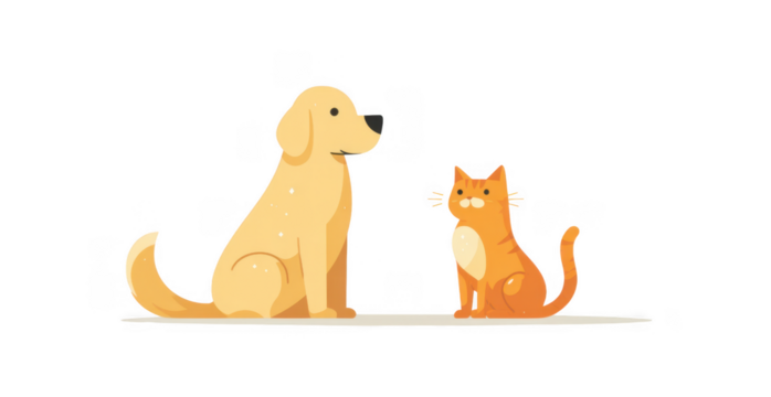 A cheerful golden retriever and a curious orange cat sitting side by side on a light background. showcasing friendship between pets. perfect for animal-related content in various media