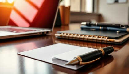 Elegant Office Desk with Pen and Notebook Near Laptop Perfect Composition