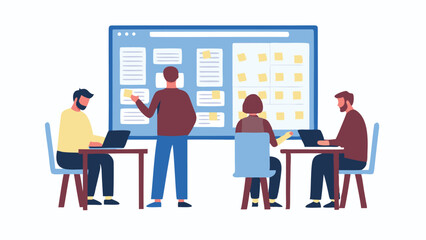 Team collaborating on project with sticky notes and laptop computers in a modern office environment setting