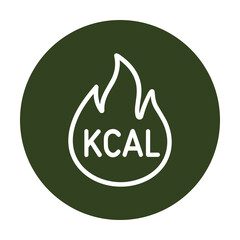 Calorie flame emblem on a green background. Icon symbol illustration