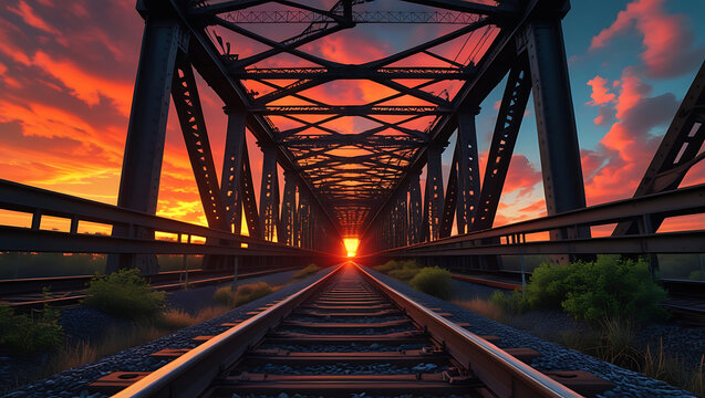 Railway bridge at sunset dramatic vibrant sky