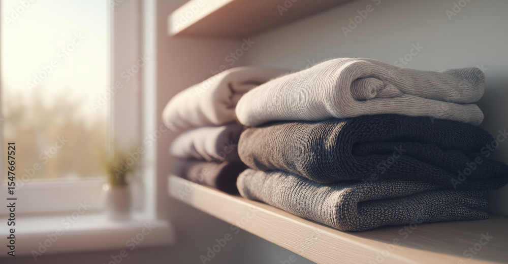 Poster neatly folded clothing in soft tones is arranged on a light wooden shelf. the sunlight streams throu
