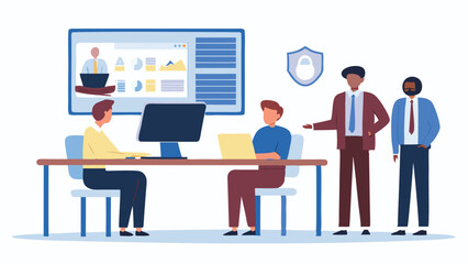 Team collaboration in office setting with computers and data visualization on a large screen display panel