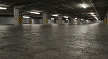 Empty Modern Underground Parking Garage with Concrete Floor and Fluorescent Lighting
