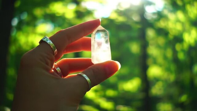 Yoni energy flows through quartz in a sunlit forest. Suitable for healing, spirituality, energy, meditation content, and wellness publications.